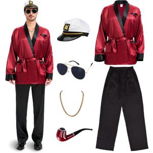 Halloween Red Silky Robe Jacket Costume Set Men's Captain Outfit with Hat Sunglasses Chain Funny Adult Party Cosplay (Large)
