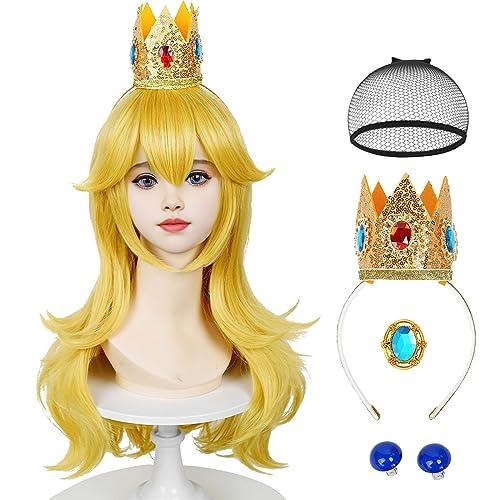 Wiggy Mermaid Long Blonde Princess Wig for Golden Peach Cosplay Wig + Crown Brooch Earrings Accessories + Wig Cap for Halloween Costume Cosplay