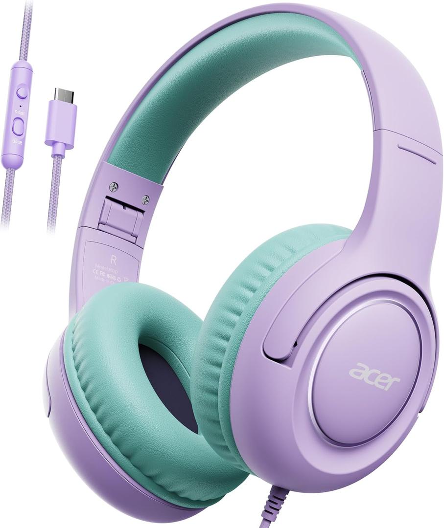 acer USB-C Kids Headphones - 85/94dB Safe Volume Limited, Foldable Wired Over Ear Headphones for Travel, Toddler Headphones for School, Travel, iPad, Tablet, Purple Green, HK03C