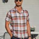 COOFANDY Mens Button Up Shirts Short Sleeve Collared Button Down Shirt Men Checkered Shirt Orange
