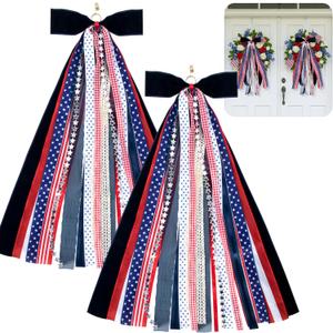 RunNico 2 Pcs Patriotic Assorted Ribbon Bow for Wreath, 30'' x 20'' Large Red White Blue Clip-On Wreaths Ribbon Decoration, 4th of July Decorative Wreath Sash Bundle for Memorial Independence Decor