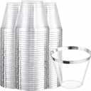 Ciaell 200PCS Silver Plastic Cups - 9Oz Heavy Duty Plastic Cups - Silver Rimmed Cup - Disposable Clear Cup with Silver Rim for Party & Wedding