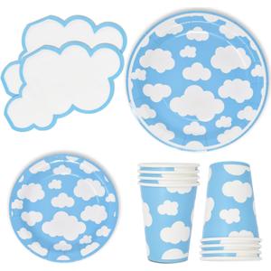 Gift Boutique 96 Pcs Blue Sky White Cloud Party Supplies Set Paper Plates Cups Napkins for Clouds Baby Shower Gender Reveal Birthday Disposable Dinnerware Serves 24