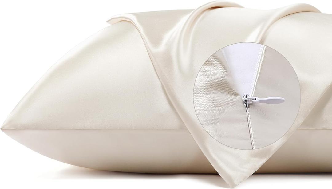 Bedsure Satin Pillowcase for Hair - Beige Satin Pillow Cases Standard Size with Zipper 2 Pack, Similar to Silk Pillow Cases for Skin, Silky & Soft, Gifts for Women Men, 20x26 Inches