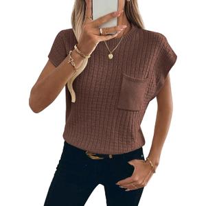 Womens Short Sleeve Sweaters Summer Cap Sleeve Tops Casual Crewneck Oversized Lightweight Knit Sweater Vest (Brown, XXL)
