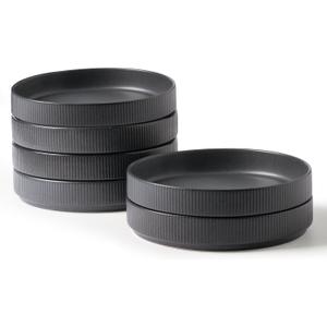 famiware Star 7.5" Pasta Bowls Set, Salad Bowl Set of 6, Double Reactive Glaze, Stackable, Perfect for Your Friend for Housewarming, Thanksgiving, Christmas, Matte Dark Charcoal (Full Glaze)