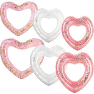 Lenwen 6 Pcs Heart Pool Float, 43"/31" Inflatable Glitter Heart Floatie Tubes Heart Bachelorette Party Prop Heart Summer Swimming Ring for Wedding Betrothal Party Decor (Many Colors)