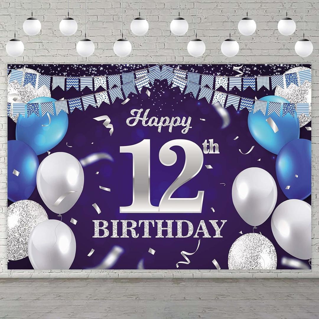 Happy 12th Birthday Banner Backdrop Navy Blue Balloons Confetti Stripe Flag Light Spots Cheers to 12 Years Old Theme Decorations Decor for Girls Boys 12th Birthday Party Bday Supplies Glitter Silver