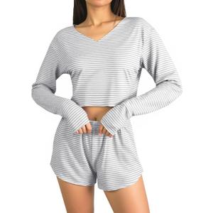 Remidoo Women's Off the Shoulder 2 Piece Outfits Long Sleeve Crop Top and Shorts Set Sweatsuit Grey X-Large