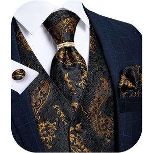 DiBanGu Men's Suit Vest Formal Men Paisley Vest Jacquard Tie Waistcoat Hanky Set With Tie Ring Wedding Party 5PCS (09 Black Gold) M