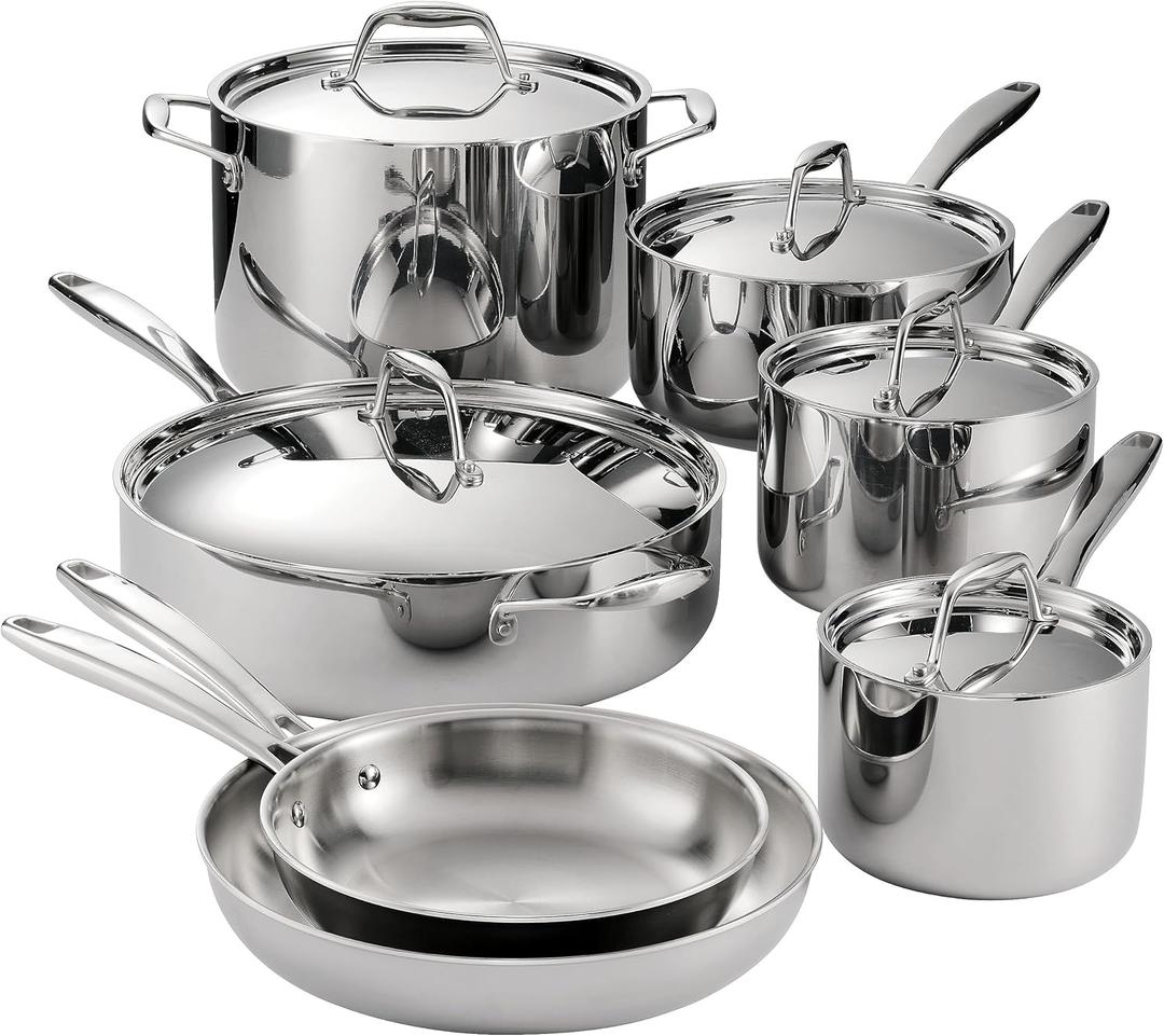 Tramontina Signature Tri-Ply Clad Stainless Steel 12-Pc Pots and Pans Set
Cookware Kitchen Set, Induction-Ready, Dishwasher-Safe, NSF-Certified, Made in Brazil