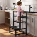 INNOD Kitchen Step Stool for Toddlers, Height Adjustable Toddler Tower with Safety Rail, Steel and Wood Toddler Kitchen Stool Helper Kids, Stool for Kids, Learning Tower, Kids' Desk Black