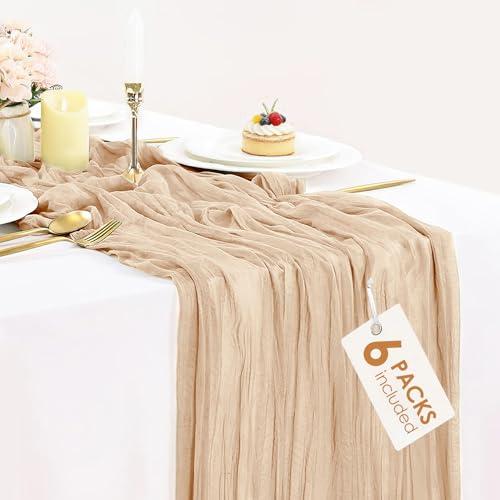 6 Pack Champagne Cheesecloth Table Runners Easter Spring Cheese Cloth Table Runner 10FT Boho Sheer Gauze Runner 35x120 Inches Long for Bridal Shower Wedding Baby Shower Party Decor