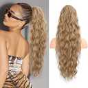 Flufymooz Ponytail Extension, 26 Inch Drawstring Ponytail Hair Extensions for Women， Long Curly Wavy Pony Tail Natural Wavy Synthetic Hairpiece for Women Daily Use party (26 Inch Dark Blonde Mixed)