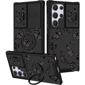 Funermei for Samsung Galaxy S25 Ultra Case - Women Girls Cute Phone Cover Pretty Girly Aesthetic Black Butterfly Unique Design with Camera Cover Ring Stand Funda for Samsung S25 Ultra Case