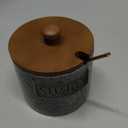 LYEOBOH Sugar Bowl with Lid and Spoon, Sugar Jar Porcelain Salt Bowl with Wood Lid and Stainless Steel Spoon,Ceramic Sugar Bowl 15oz Coffee Canister Kitchen Decor, Grey