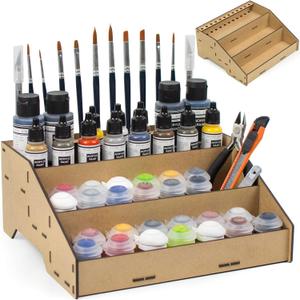 Universal Paint Organizer Rack for Miniatures Modeling Paint Holder for all kind of Bottles + Brush/Tool Slots Compatible with Citadel, Vallejo, Army Painter, Tamiya, others (Module B)