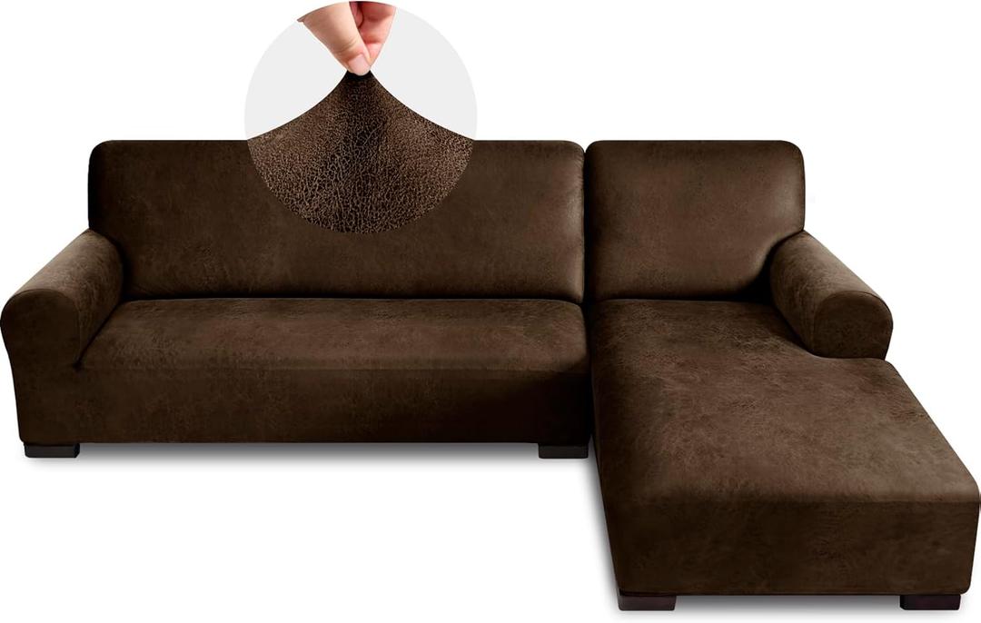 Pfrstuv Sectional Couch Covers, Leather Look Sofa Cover L Shape 2PCS Soft Stretch Slipcover for Sectional Sofa, Non Slip Furniture Protector (3 Seat Sofa + 3 Seat Left Chaise, Coffee)