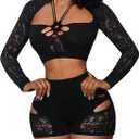 Milumia Women's 2 Piece Outfit Sexy Cut Out Sheer Mesh Crop Top Skinny Shorts Sets (Black) One Size