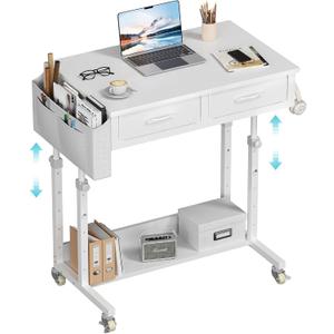 WINAZ Small White Portable Rolling Desk with Drawers & Storage Shelf, 32 Inch Mobile Standing Desk Adjustable Height with Wheels for Home Office, Kids Desks Couch Sofa Side Laptop Craft Table, 31.5"