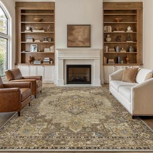 GENIMO 6x9 Area Rugs for Living Room, Machine Washable Non Slip Vintage Rugs, Low Pile Lightweight Chenille Print Rug for Bedroom, Dining Room, Home Office, Rustic Brown
