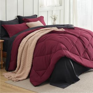 Bedsure Full Size Comforter Set - 7 Pieces Reversible Burgundy and Black Bedding, Full Size Bed Set for All Seasons, Bed in a Bag with Down Alternative Comforter, Sheets, Pillowcases & Shams
