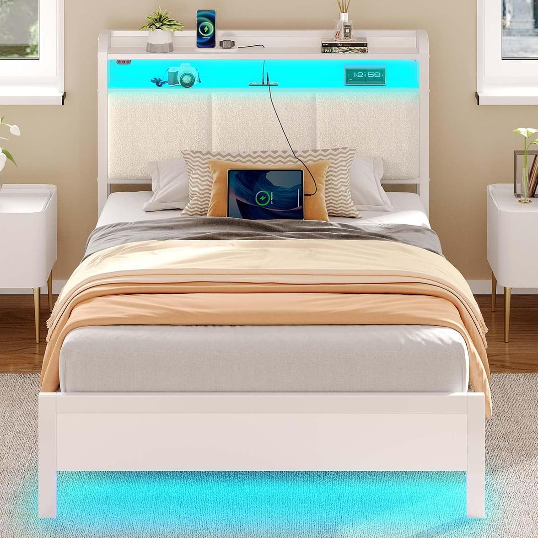 Rolanstar Bed Frame Twin Size with Charging Station and LED Lights, Upholstered Headboard with Storage Shelves, Heavy Duty Metal Slats, No Box Spring Need, Noise Free, Easy Assembly, White