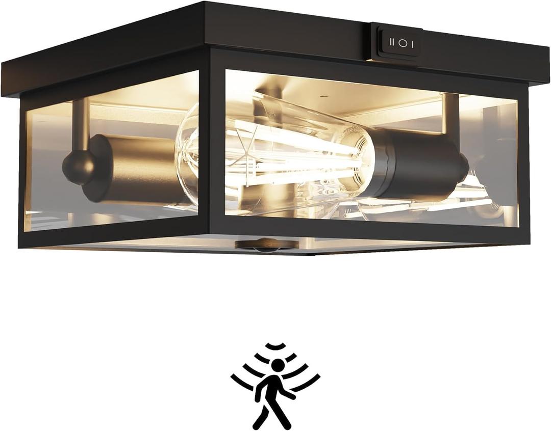 Outdoor Ceiling Light with Motion Sensor, Flush Mount Porch Light, Exterior Light Fixture with Clear Glass, Dusk to Dawn 2-Light Fixture for Patio,Porch (8.5 in) (Square)