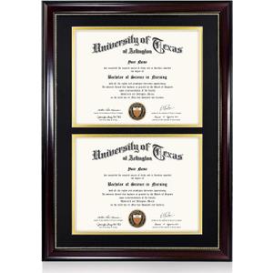 GraduationMall 14x20 Double Diploma Frame, Display 8.5x11 Certificate with Black over Gold Mat,UV Protection Acrylic,Mahogany with Gold Beads