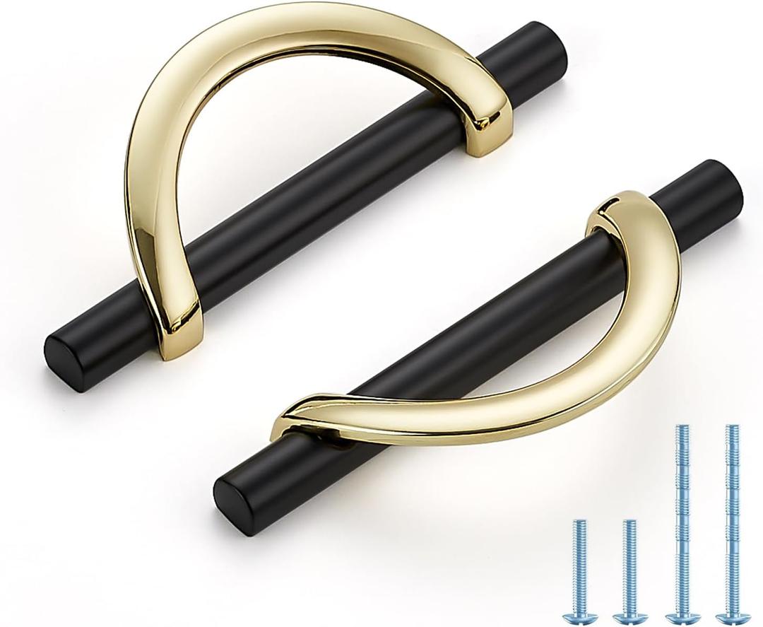 HOME EDIT Gold & Matte Black Cabinet Pulls, 3-3/4 Inch Hole Center, 96 mm, Curved Design Cabinet Handles for Kitchen,Cupboard, Drawer & Bathroom 6 Pack