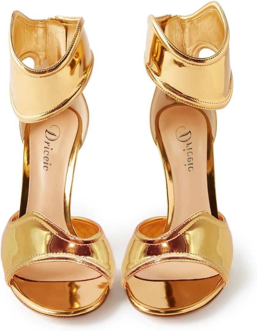 Women's Ankle Strap Open Toe Stiletto High Heels Sandals | Mirror Patent Leather with Back Zipper for Evening Party,Gala,Prom,Weddings,Night Out Dressy Heels (Gold, 9)
