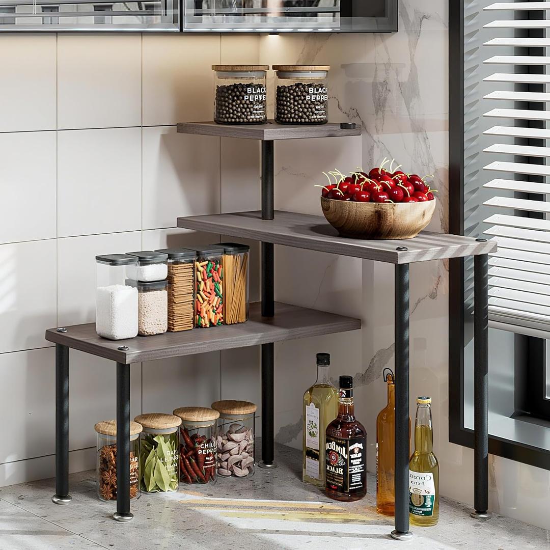Countertop Organizer Organization 3 Tier Kitchen Corner Shelves Adjustable Spice Storage Rack for Bathroom Coffee Area Over Sink (Dark Gray Oak)