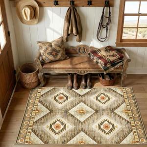 Area Rug 4x6 Rug Machine Washable Non-Slip Low Pile Print Pattern Western Rug for Living Room Bedroom Entryway Tribal Series -Cream/Camel