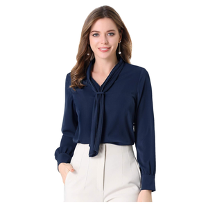Allegra K Women's Dressy Long Sleeve Blouses Chiffon Pleated Tie Neck Office Top Shirt, Large
