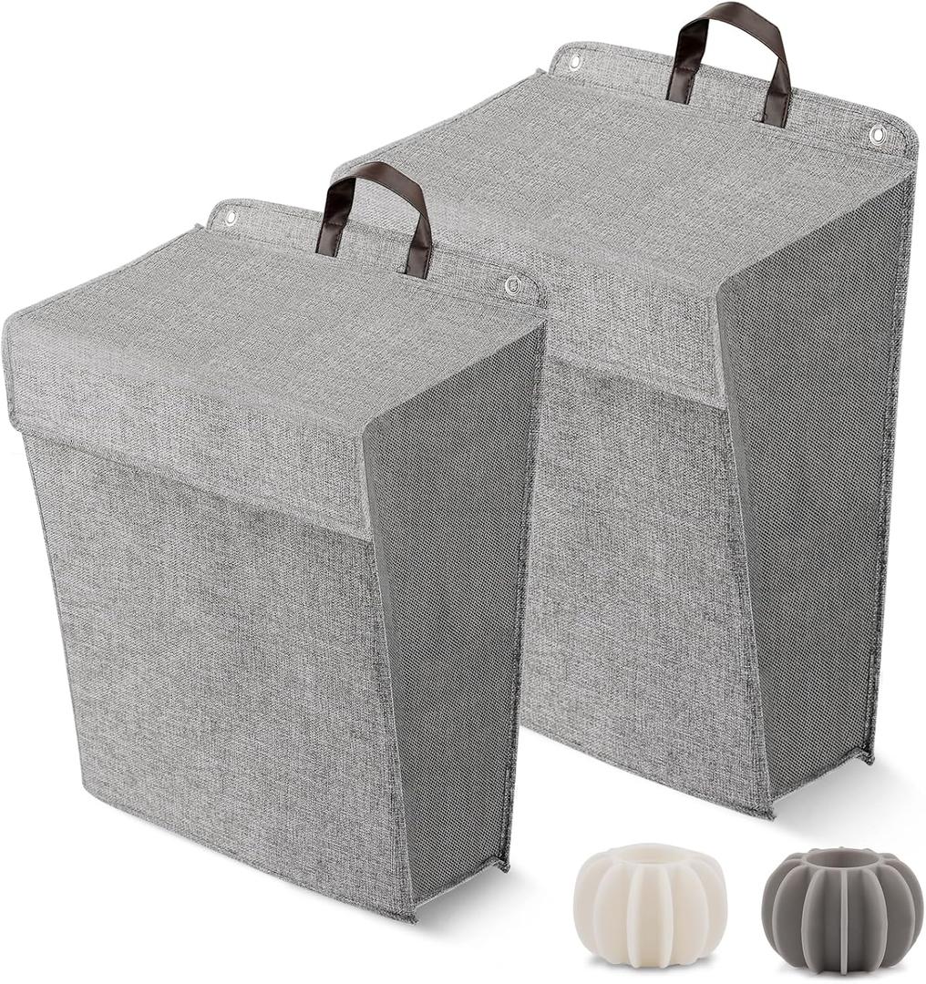 Wall Hanging Laundry Basket, Collapsible Laundry Hamper with Handle & Laundry Balls,Space-Saving Foldable Storage Dirty Washer Organizer Bin Multi-function Container Durable, Set of 2 (Grey)