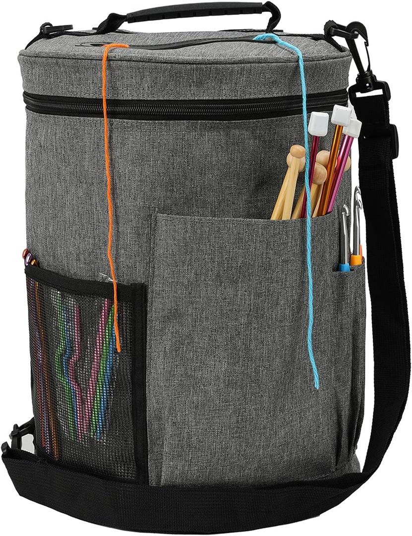 Weabetfu Large Capacity Portable Yarn Organizer Knitting Tote Storage Bag with Shoulder Strap Yarn Bags Have Pocket for Crochet Hooks,Knitting Needles & Accessories,Prevent Yarn Tangle(Grey)