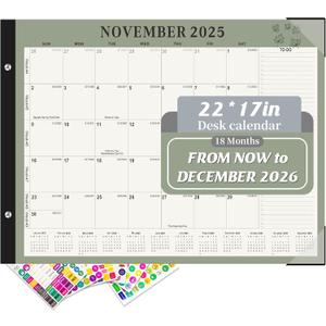 Gannyfer Desk Calendar 2026, Large 2026 Desk Calendar 22" x 17", Now - Dec 2026, 18 Monthly Academic Desktop Calendar with To-Do List and Notes, Plastic Cover, Thick Paper, 2026 Calendar for Planning and Organizing(6 Stickers) (Green)