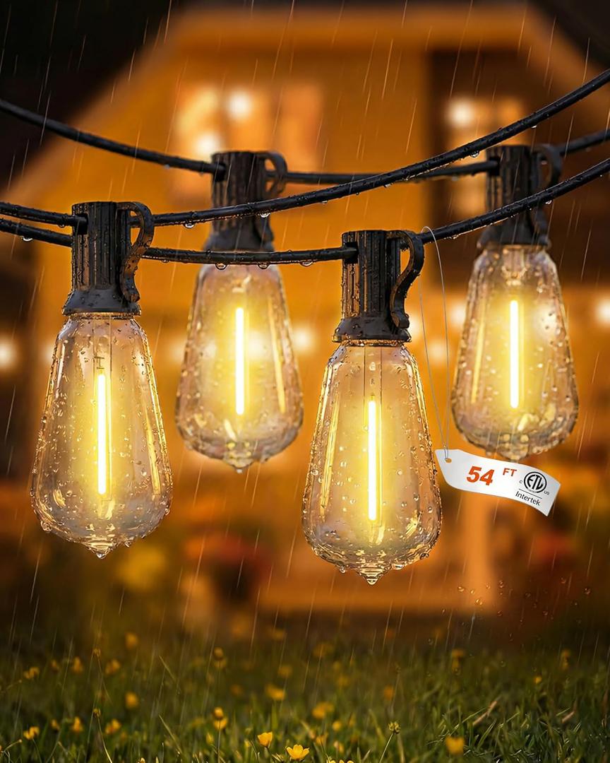 Outdoor String Lights, 54FT Waterproof Patio Lights with 15+1 ST38 LED Bulbs Shatterproof, Warm White 2700K, Dimmable Hanging Connectable Outdoor Lights for Backyard, Balcony, Porch, Deck