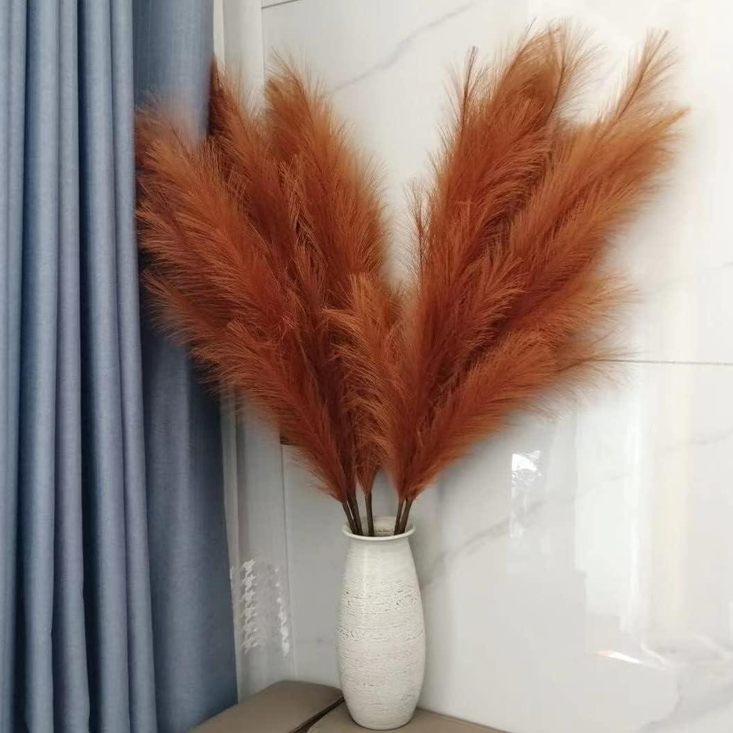 Faux Caramel Brown Pampas Grass Decor Tall , 8pcs 43.3" Large Pompas Floral, Fluffy Artificial Fake Long Feather Flowers for Boho Wedding Bedroom Living Room Decor(Burnt Orange Brown)