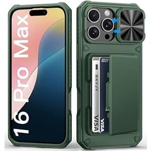 BXYJY for iPhone 16 Pro Max Wallet Case, Built-in Credit Card Holder (4-5 Cards), Slide Lens Cover, Military Protection, Rugged Heavy Duty Women Men Protective Phone Case for iPhone 16Pro Max, Green