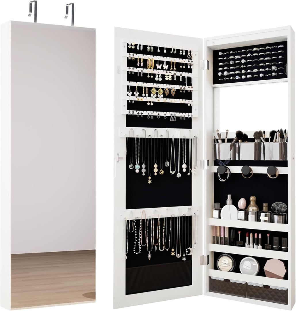 Mirror Jewelry Cabinet,Lockable Wall or Door Mounted Jewelry Armoire Organizer With Built-up Mirror,LED Lights, Drawers,Cosmetic Trays,Shelves, 14.4"x3.15"x 43.1"White