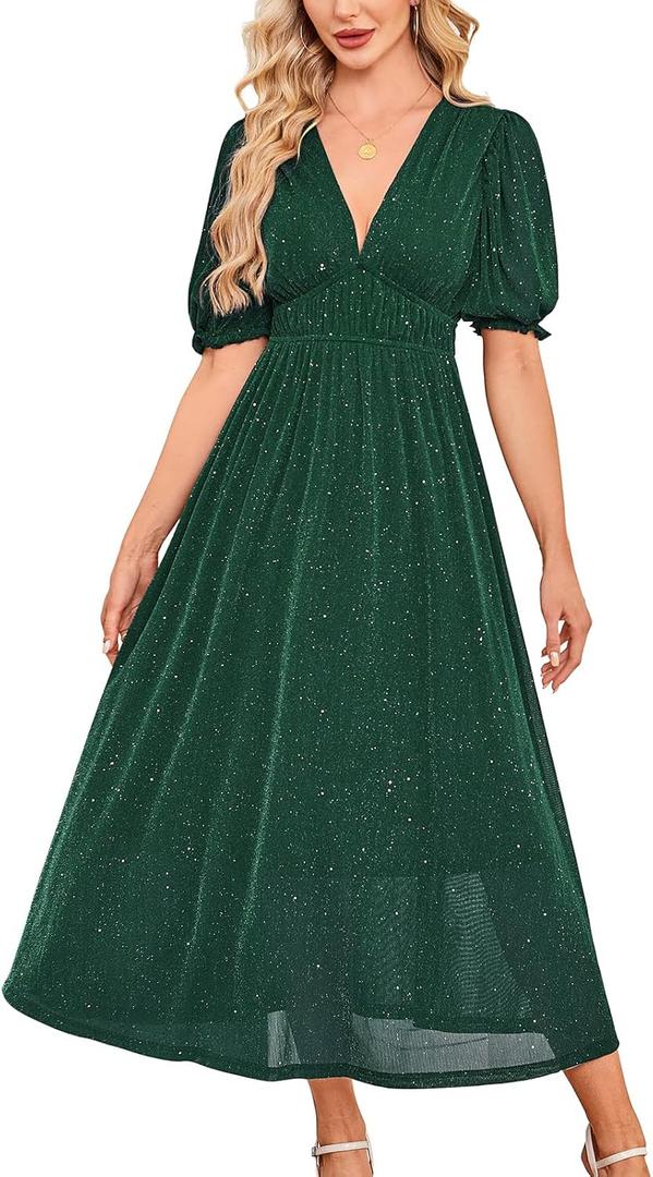 Womens Sparkly V Neck Midi Dress Shprt Sleeve Sequin Glittery Party Dress with Elastic Waist Cocktail Evening Gown (Large, Darkgreen)