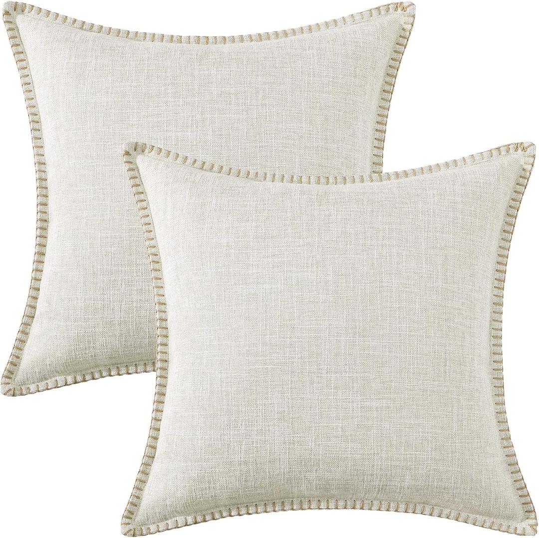 decorUhome Decorative Outdoor Throw Pillow Covers 20x20 Set of 2, Square Linen Rustic Neutral Farmhouse Pillow Covers with Stitched Edge for Couch, Sofa, Living Room, Beige