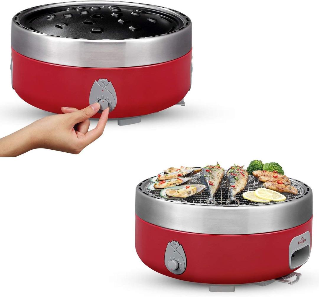 Portable Smokeless Charcoal BBQ Grill - Outdoor Camping Small Tabletop Cooking Mini Barbecue - Built in Fan Power by 4A Battery Or Phone Charge (Passion Red)