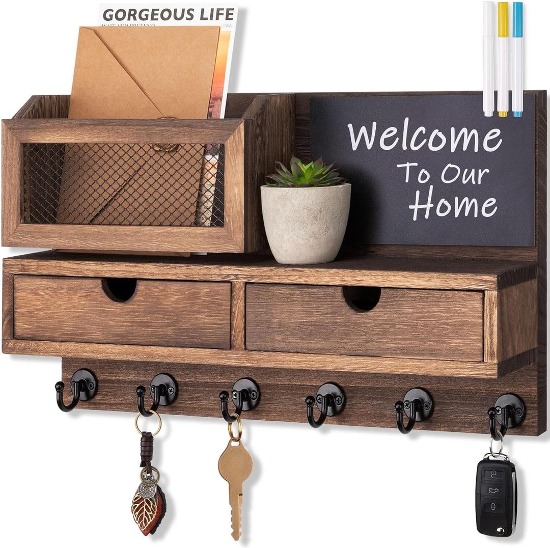 Key Holder for Wall, Key and Mail Holder for Wall with Storage Drawer, Entryway Rustic Home Decor, 3 Liquid Chalks & Chalkboard, 15.98W x 9.1H x 3.3D, Brown