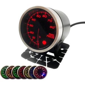 52mm 2-1/16" Fuel Pressure Gauge 7 Color 0-80 PSI Meter with Press Alarm Includes Electronic Sensor and Stepper Motor - Black Dial - Smoked Lens