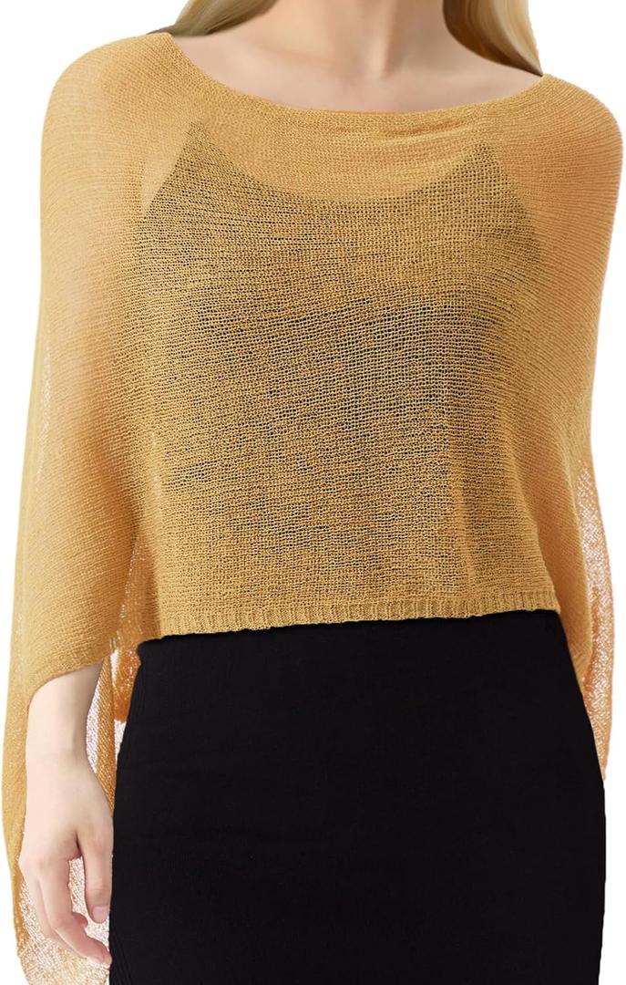Women Sheer Poncho Shrug Summer Sheer Blouse Top Lightweight Poncho Bolero for Evening Dress, One Size (Dark Gold)
