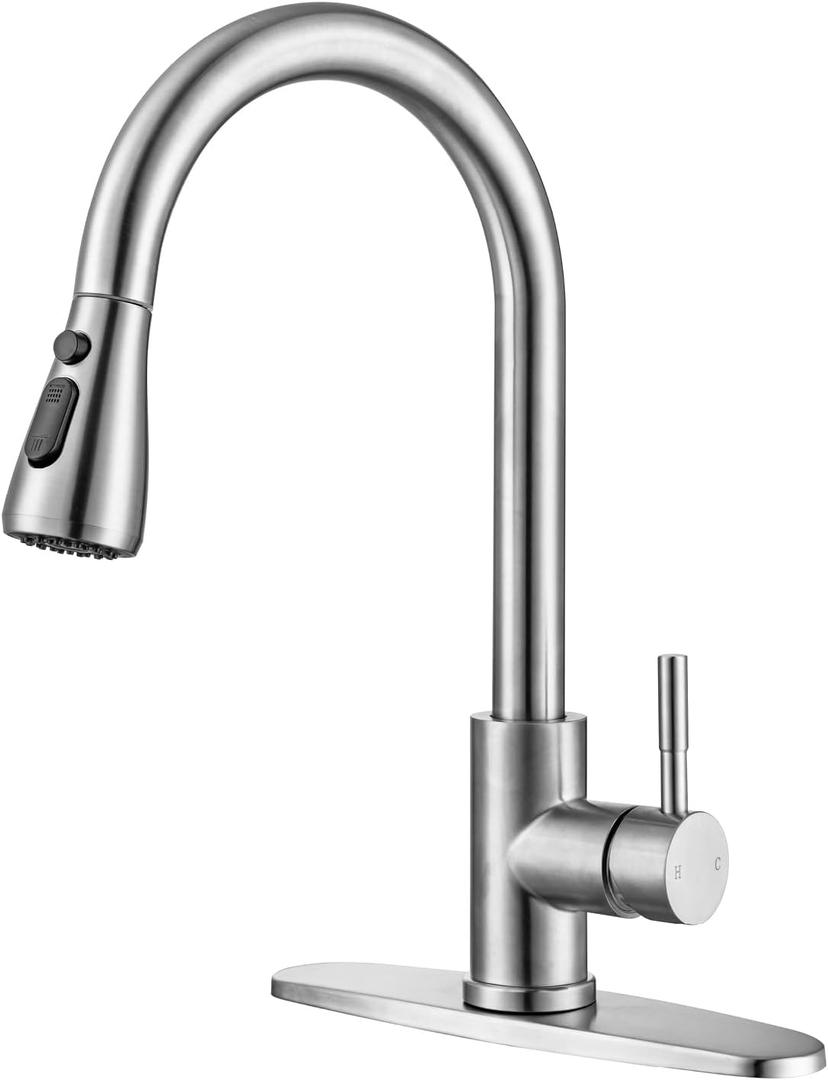 Kitchen Faucet with Pull Down Sprayer Kitchen Sink Faucets Stainless Steel Pull Out Kitchen Faucets Single Handle Deck Mount Brushed Nickel Kitchen Sink Faucets for Farmhouse Camper RV Laundry
