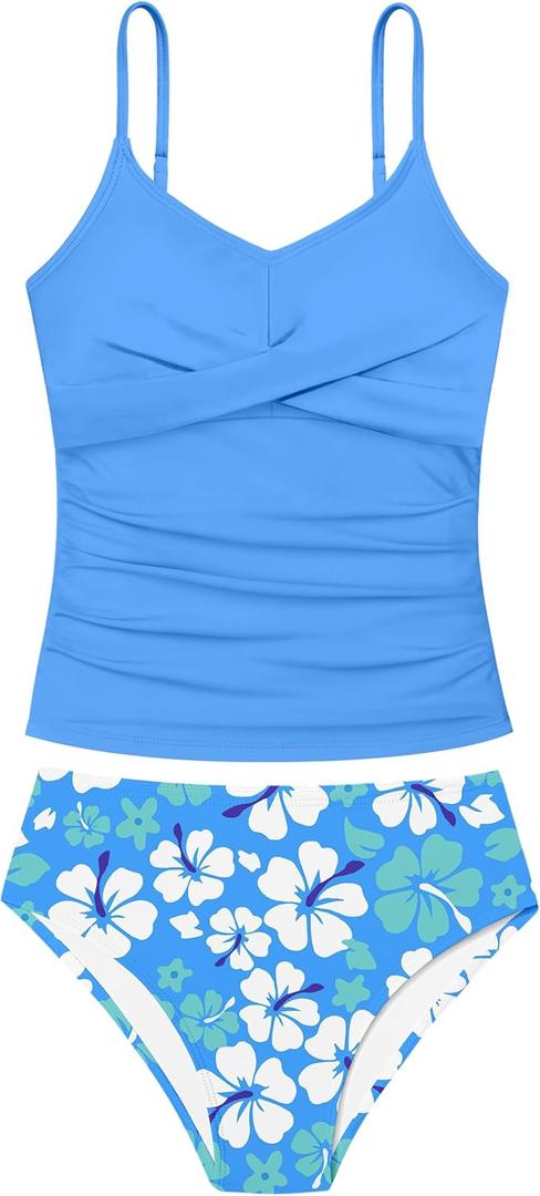 Girls Swimsuit 2 Piece Bathing Suit Criss Cross Ruched Girl Tankini Sets Printed Girls' Swimwear for 9-18 Years