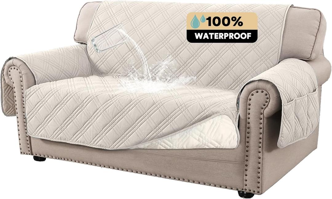 PrinceDeco 100% Waterproof Loveseat Covers for 2 Cushion Couch Sofa Covers Waterproof and Washable Sofa Slipcover with Side Pocket Furniture Protector with Elastic Straps(Loveseat 48", French Oak)